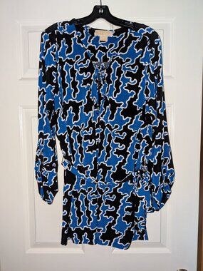 Michael Kors Belted Long Sleeve Tunic in Blue and Black with Lace Up